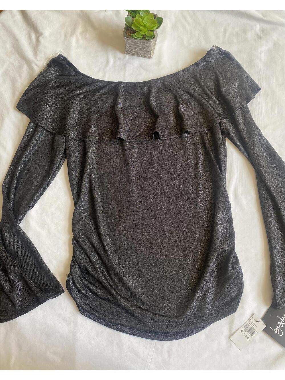 by & by Heavy Fold Ruffled Sweater Knit Top Black Size XXL